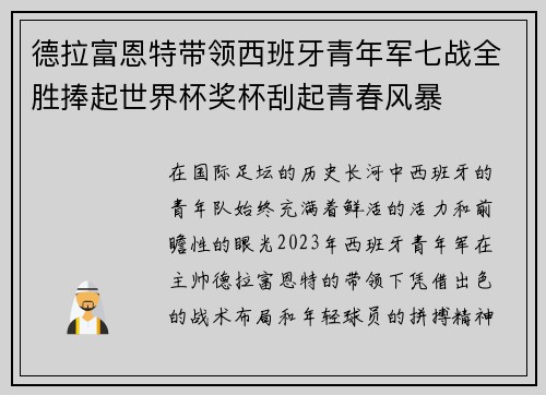 德拉富恩特带领西班牙青年军七战全胜捧起世界杯奖杯刮起青春风暴