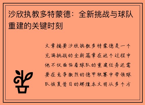 沙欣执教多特蒙德：全新挑战与球队重建的关键时刻
