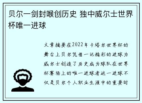 贝尔一剑封喉创历史 独中威尔士世界杯唯一进球